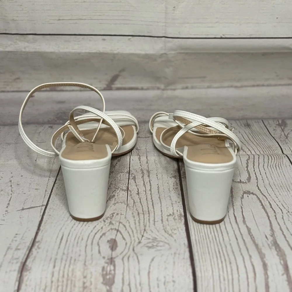 Lulus White Strappy Block Heel Sandals Square Toe Mid Heel Womens 8.5‎